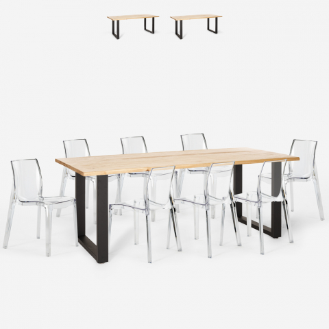 Conjunto 8 sillas diseño transparente mesa comedor 220 x 80 cm industrial Virgil Promoción