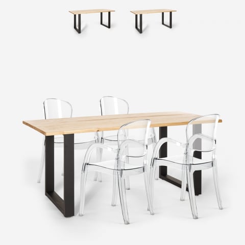 Conjunto mesa comedor 160 x 80 cm madera metal 4 sillas transparentes Jaipur M