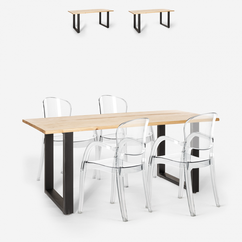 Conjunto mesa comedor 160 x 80 cm madera metal 4 sillas transparentes Jaipur M Stock
