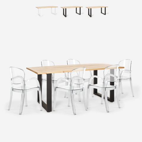 Conjunto 6 sillas transparentes policarbonato mesa 180 x 80 cm industrial Jaipur L