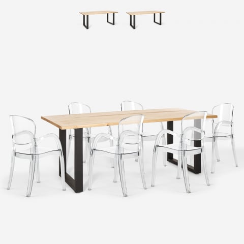 Conjunto mesa 200 x 80 cm patas hierro 6 sillas transparentes diseño Jaipur XL