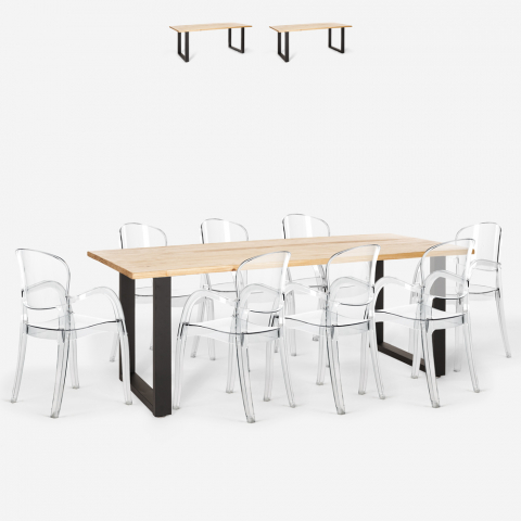 Conjunto 8 sillas transparentes diseño mesa comedor 220 x 80 cm Jaipur XXL