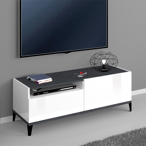 Mueble de TV salón 120 x 40 cm compartimento cajón blanco brillante pizarra Gerald