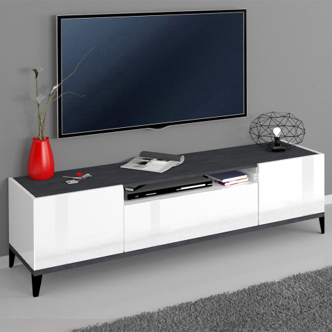 Mueble de TV 160 x 40 cm moderno 2 compartimentos cajón blanco brillante pizarra Jacob