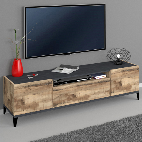 Mueble de TV moderno 160 x 40 cm 2 compartimentos cajón madera pizarra Jacob Report
