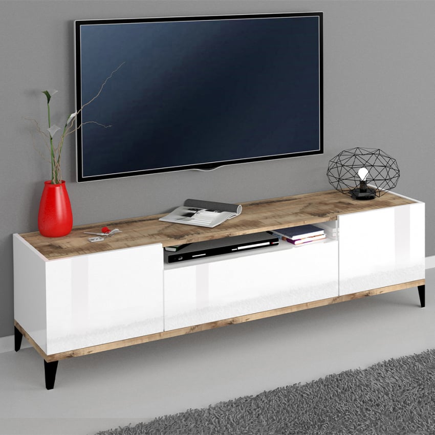 Mueble de TV 2 compartimentos cajón 160 x 40 cm blanco brillante madera Jacob Wood Promoción