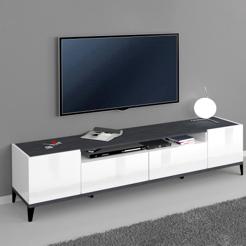 Mueble de TV 200 x 40 cm 2 compartimentos 2 cajones blanco brillante pizarra Young