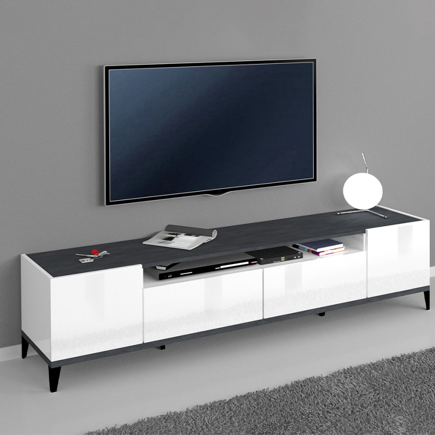 Mueble de TV 200 x 40 cm 2 compartimentos 2 cajones blanco brillante pizarra Young Promoción