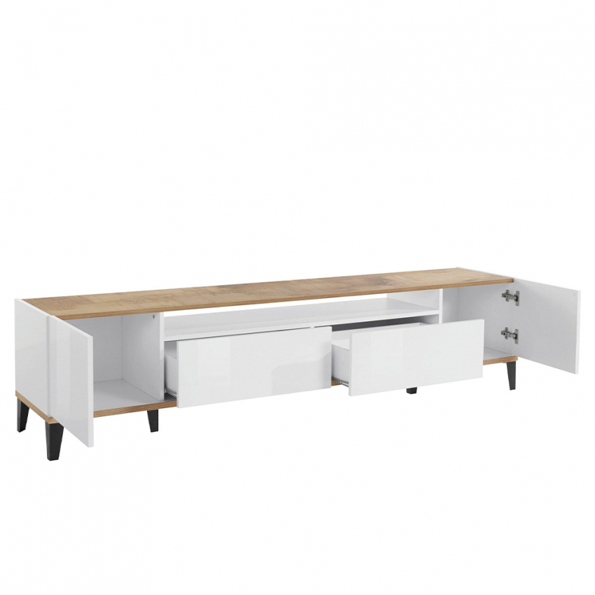 Mueble TV moderno lacado blanco y madera RITUEL - Miliboo