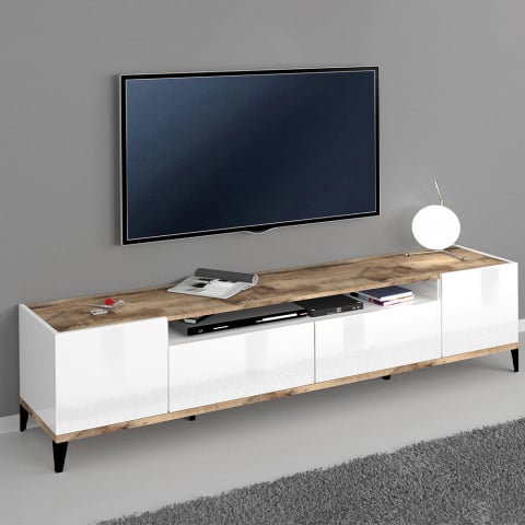 Mueble de TV moderno compartimento cajón 200 x 40 cm blanco brillante madera Young Wood Promoción
