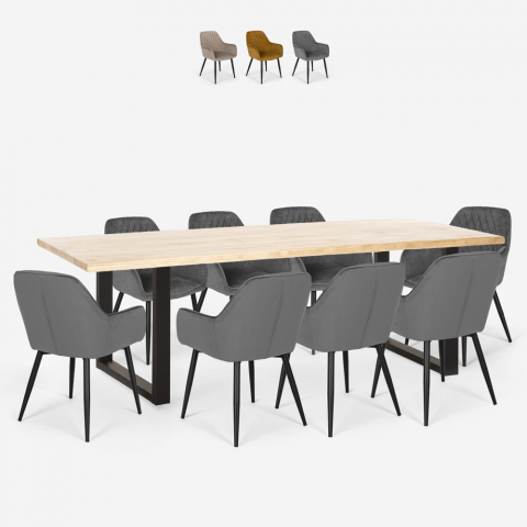 Conjunto mesa 220 x 80 cm diseño industrial 8 sillas terciopelo Samsara XXL1