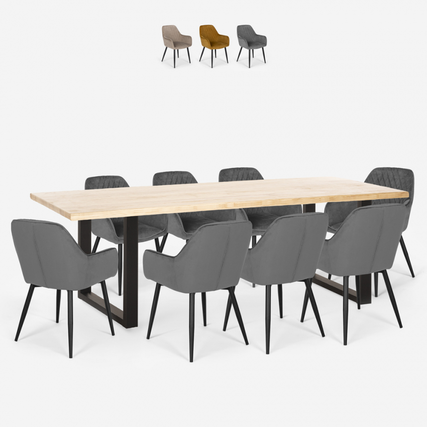 Conjunto mesa 220 x 80 cm diseño industrial 8 sillas terciopelo Samsara XXL1 Promoción
