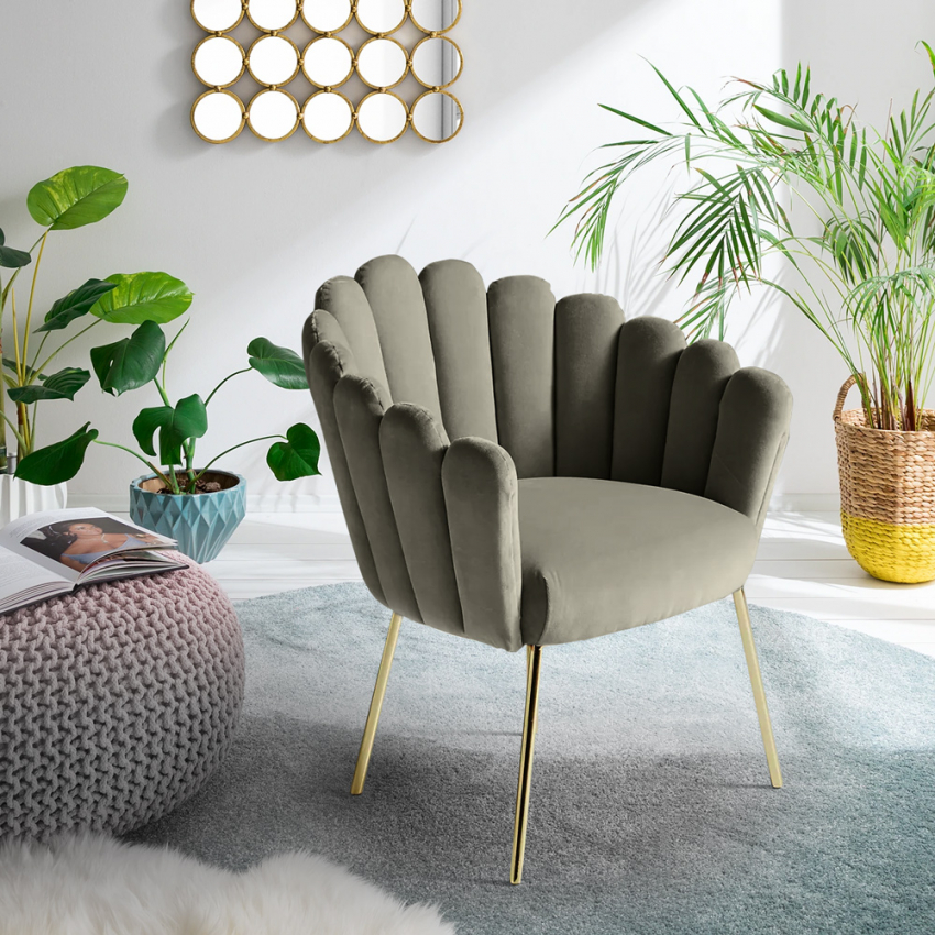 Poltrona sillón concha diseño moderno terciopelo patas doradas Calicis Promoción