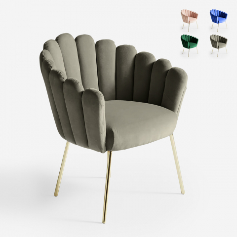 Poltrona sillón concha diseño moderno terciopelo patas doradas Calicis