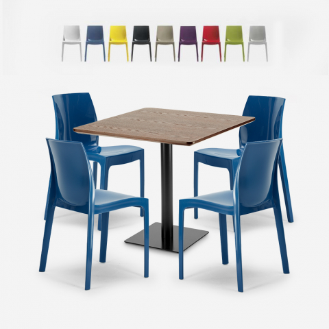 Conjunto mesa madera metal Horeca 90x90cm 4 sillas apilables bar restaurante Yanez