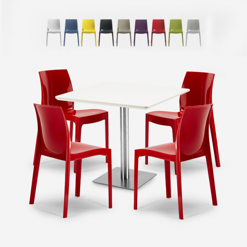 Conjunto 4 sillas apilables bar restaurante mesa blanca 90x90cm Horeca Yanez White Promoción