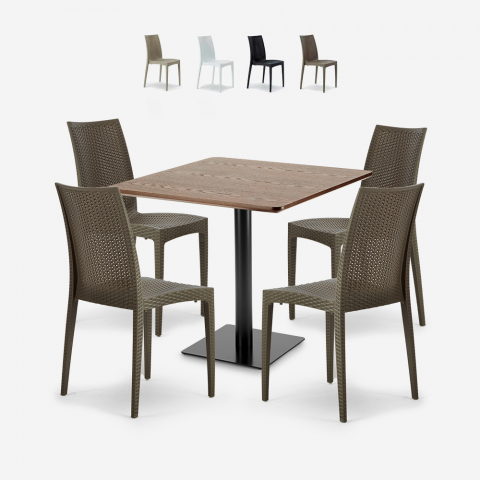 Conjunto mesa madera 90x90cm Horeca 4 sillas apilables poli ratán Barrett