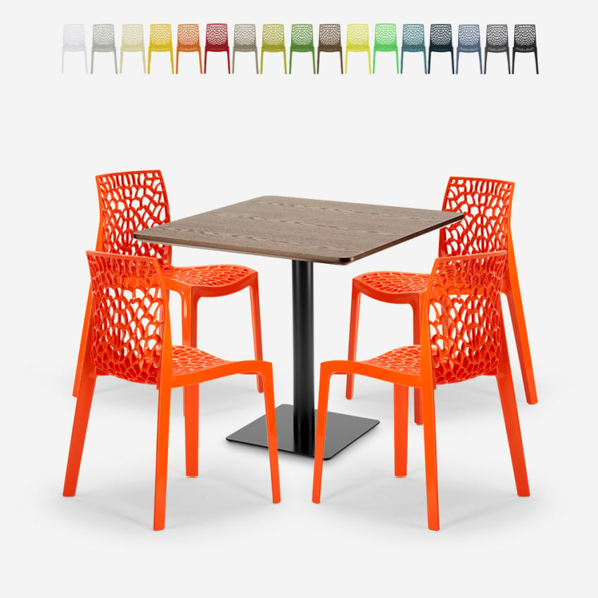 Conjunto mesa de centro madera metal Horeca 90x90cm 4 sillas diseño apilable Dustin
