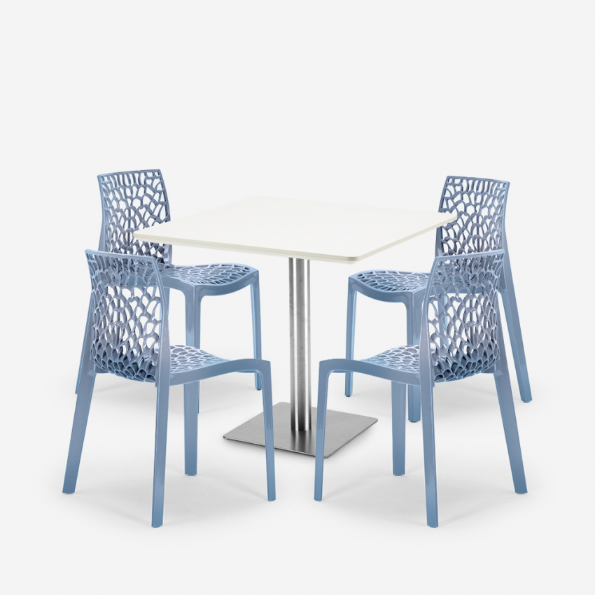Conjunto 4 sillas apilables polipropileno mesa de centro blanca 90x90cm Horeca Dustin White Promoción