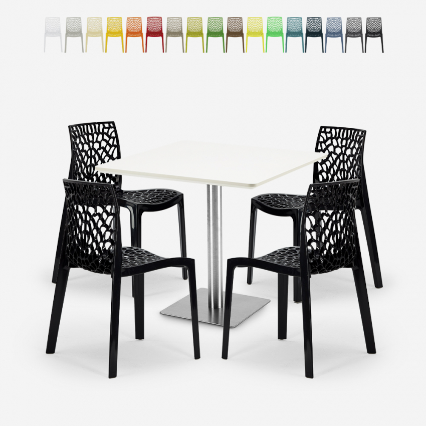 Conjunto 4 sillas apilables polipropileno mesa de centro blanca 90x90cm Horeca Dustin White Precio Conjunto 4 sillas apilables polipropileno mesa de centro blanca 90x90cm Horeca Dustin White Precio