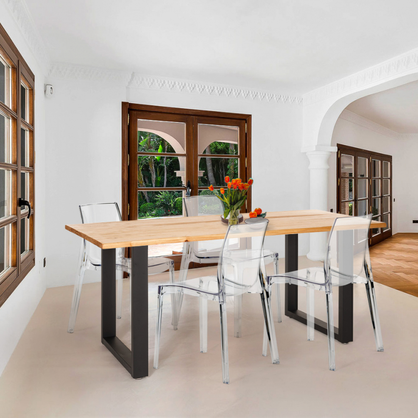Conjunto mesa comedor 160 x 80 cm industrial 4 sillas transparentes diseño Hilton Promoción
