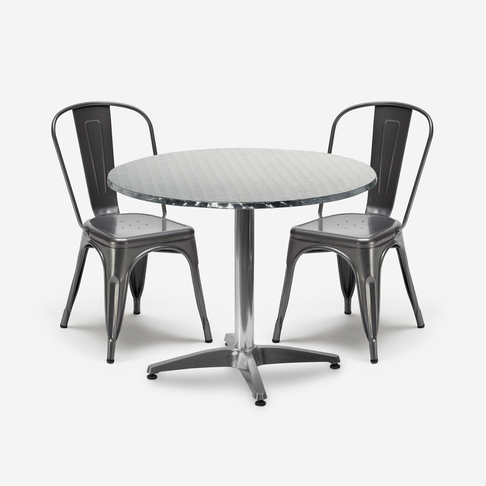 conjunto 2 sillas acero Lix diseño industrial mesa redonda 70 cm diámetro factotum