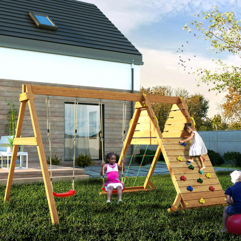 Doble columpio escalada parque infantil jardín niños madera Spider King Promoción