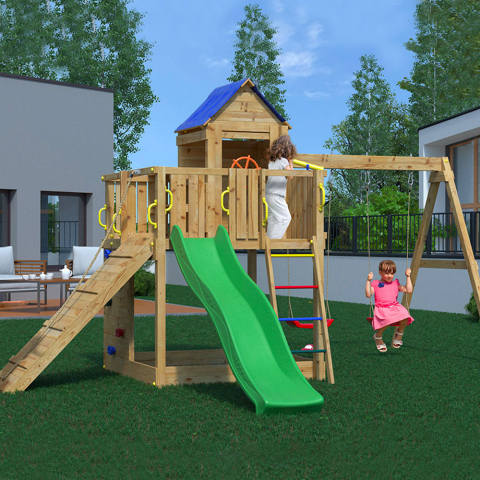 Tobogán caseta escalada columpio doble parque infantil jardín Treehouse