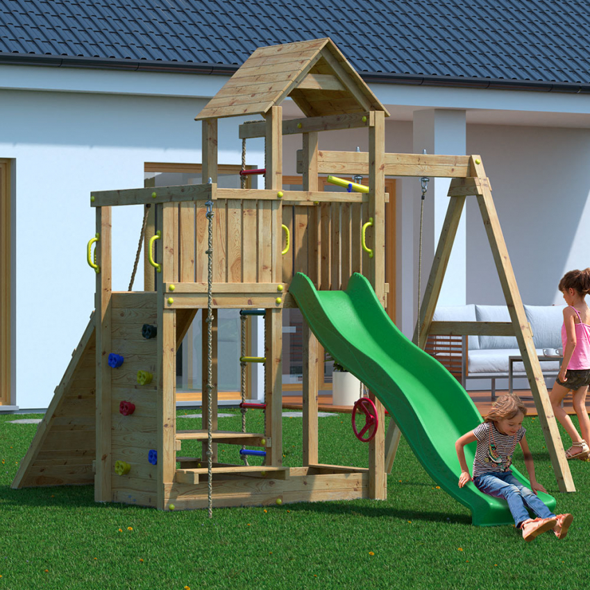 Parque infantil jardín madera niños tobogán columpio escalada Activer Promoción