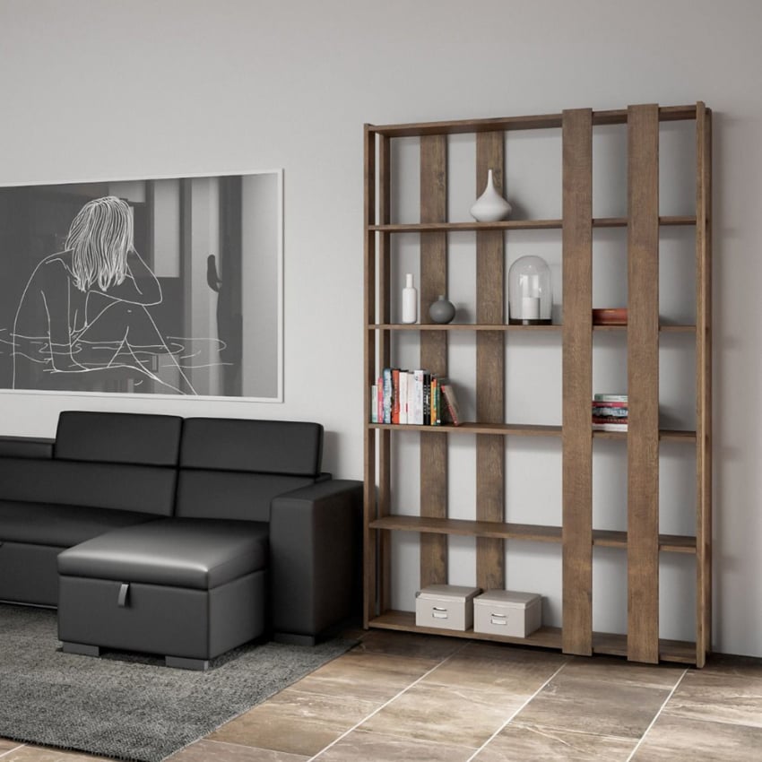 Librería de salón de diseño moderno con pared vertical en madera