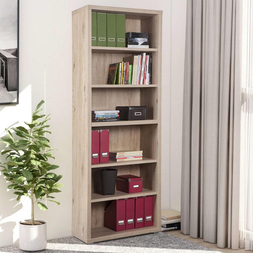 Librería en madera efecto roble de diseño clásico con 6 estantes Virginia Promoción