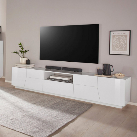 Mueble de TV pared salón moderno 220 x 43 cm blanco brillante Fergus