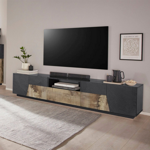 Mueble de TV salón 220 x 43 cm pared diseño moderno Fergus Report Promoción