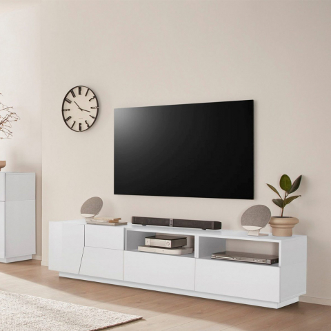 Mueble TV pared blanco brillo salón moderno 200x43cm Hatt