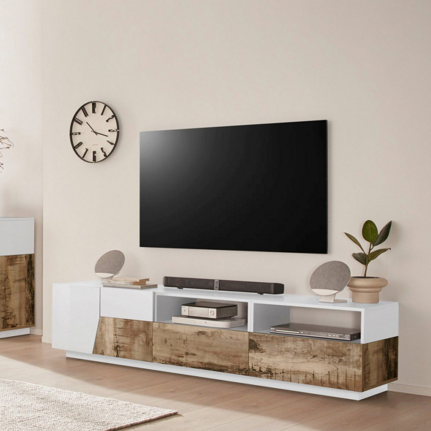Mueble TV 200x43cm salón pared blanco madera moderno Hatt Wood Promoción