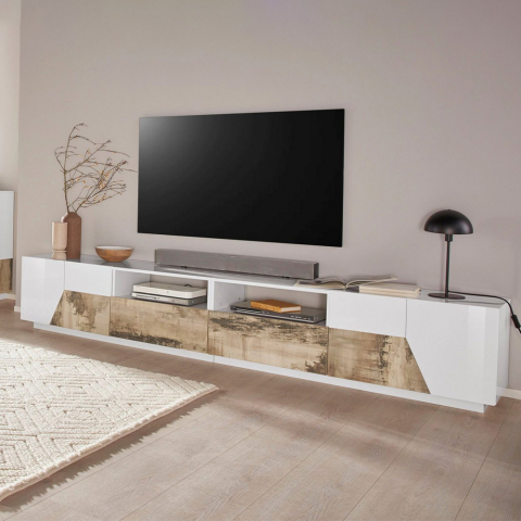 Mueble TV 260x43cm pared salón moderno madera blanca More Wood Promoción