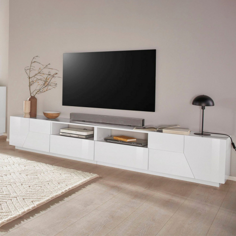 Mueble TV moderno 260x43 cm pared salón blanco brillo More Promoción