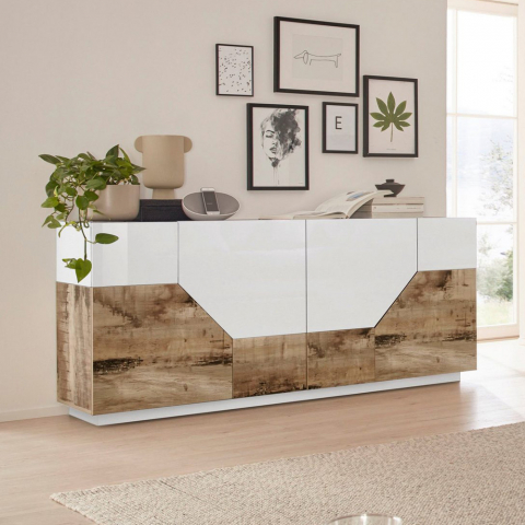 Aparador madera blanca 4 habitaciones 200x43cm mueble salón cocina Hariett Wood Promoción