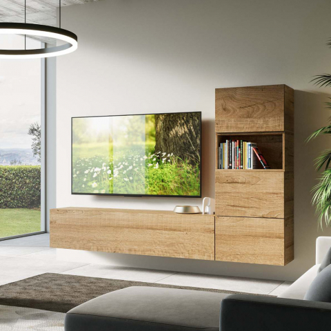 Mueble de pared TV salón 3 muebles suspendidos madera diseño moderno A09