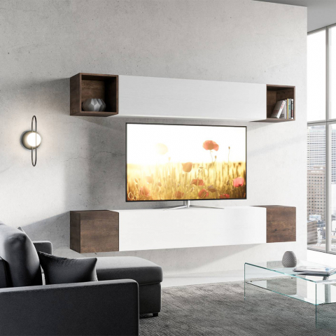 Mueble de pared moderno suspendido salón TV blanco madera A38 Promoción