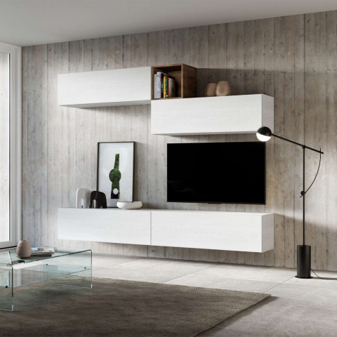 Mueble de pared moderno TV salón suspendido madero blanco A01 Promoción