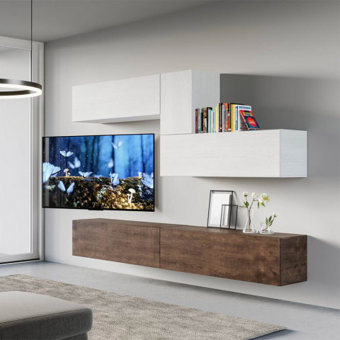 Mueble de pared TV suspendido madera blanco moderno salón A04 Promoción