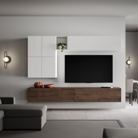 Mueble de pared TV moderno salón suspendido blanco madera A16 Promoción