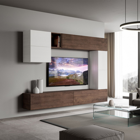 Mueble de pared salón TV moderno suspendido madera blanco A15