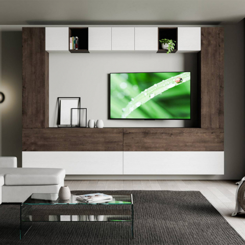 Mueble de pared moderno TV salón suspendido madera blanco A105 Promoción