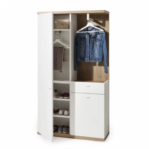 Armario Equipado Con Perchero Y Zapatero Blanco Lúcido Y Roble