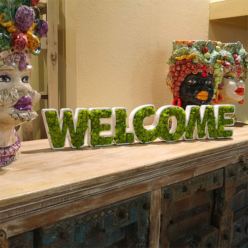 Planta letras liquen musgo decoración estabilizada Welcome