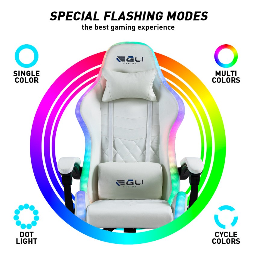 Silla gaming blanca ergonómica reclinable LED sillón con cojín Pixy