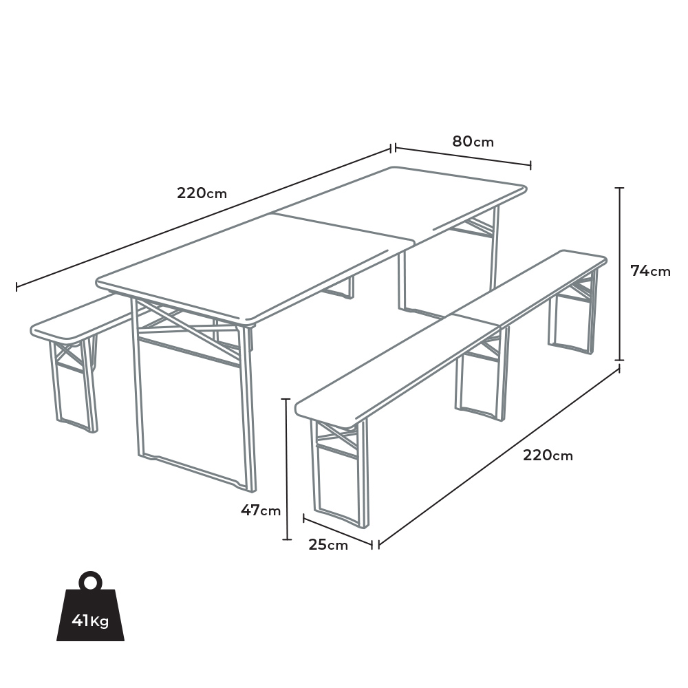 Conjunto plegable Mesa y Bancos de Madera para Eventos y Jardín 220x80